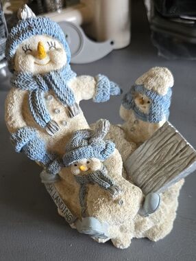 Snowman Family Figurine Holiday Decor in Light Blue and Cream - Unbranded